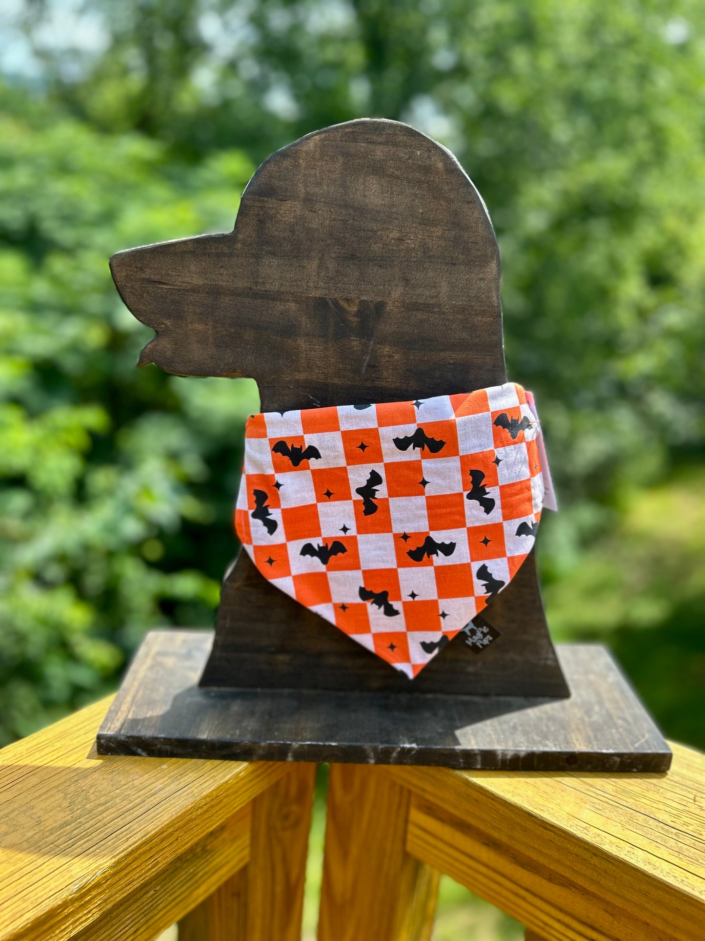 Orange and White Checkerboard with Bats Over the Collar Dog Bandana