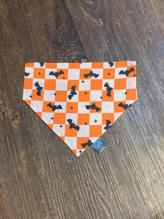 Orange and White Checkerboard with Bats Over the Collar Dog Bandana